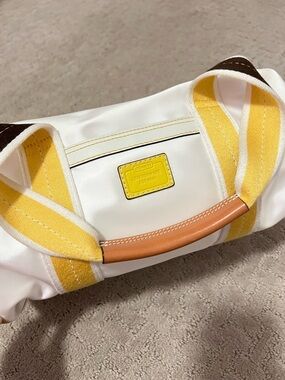 Coach White Duffel with Yellow Straps and Tan Handle
